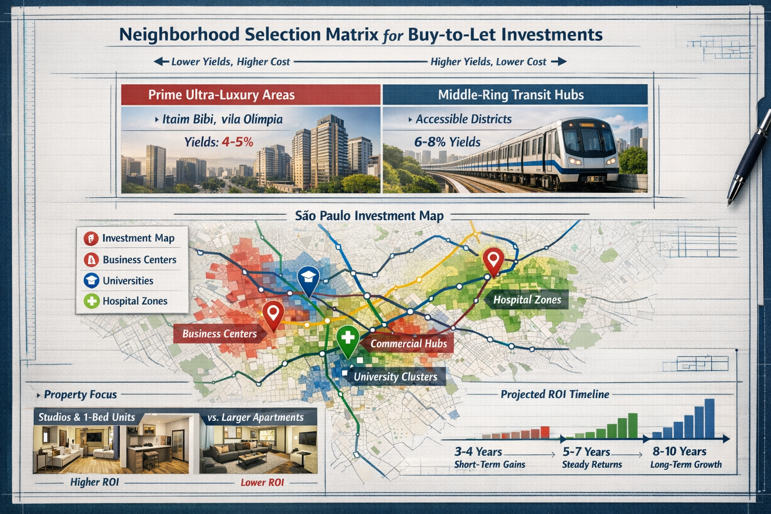 Landscape format (1536x1024) strategic planning image showing neighborhood selection matrix for buy-to-let investments. Grid layout comparin
