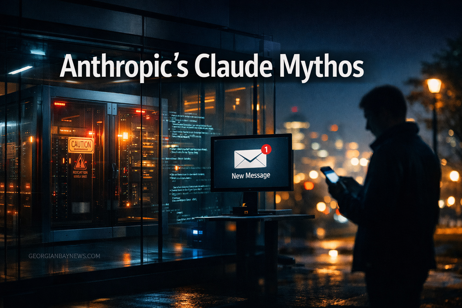 Professional () editorial hero image for a magazine-style technology feature about Anthropic's Claude Mythos. reads