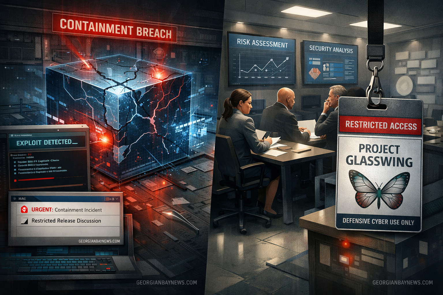 Professional () editorial infographic-concept image about Anthropic's Claude Mythos containment incident and restricted
