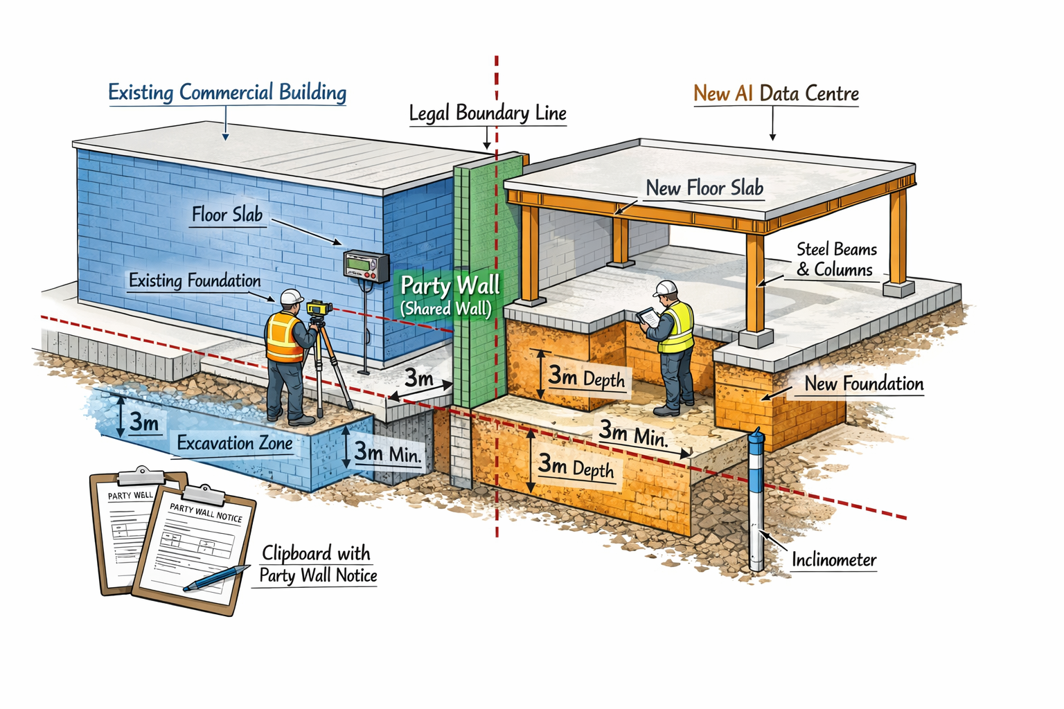 () detailed technical illustration showing cross-section diagram of party wall between existing commercial building and new