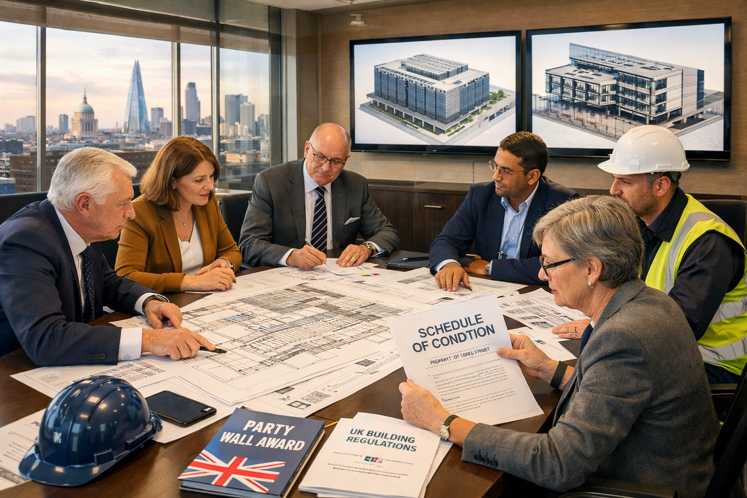 () professional scene inside modern surveyor's office showing party wall dispute resolution meeting for data centre project.