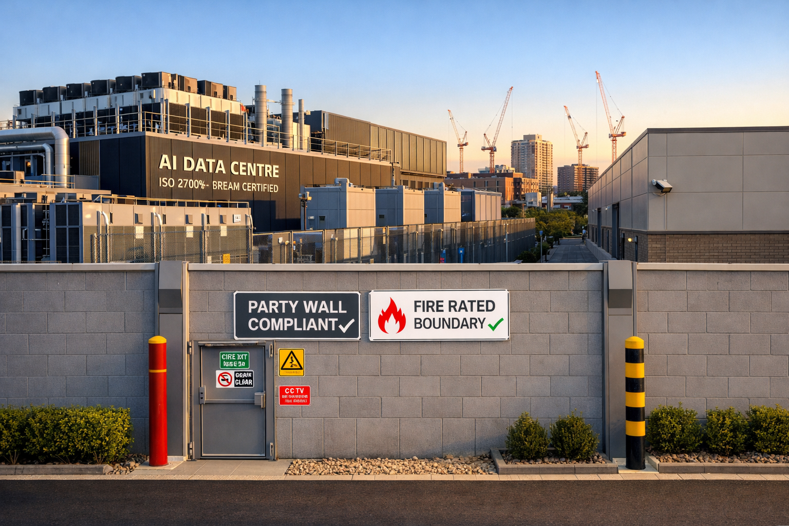 () wide-angle exterior photograph of completed hyperscale AI data centre facility in UK city showing successful party wall