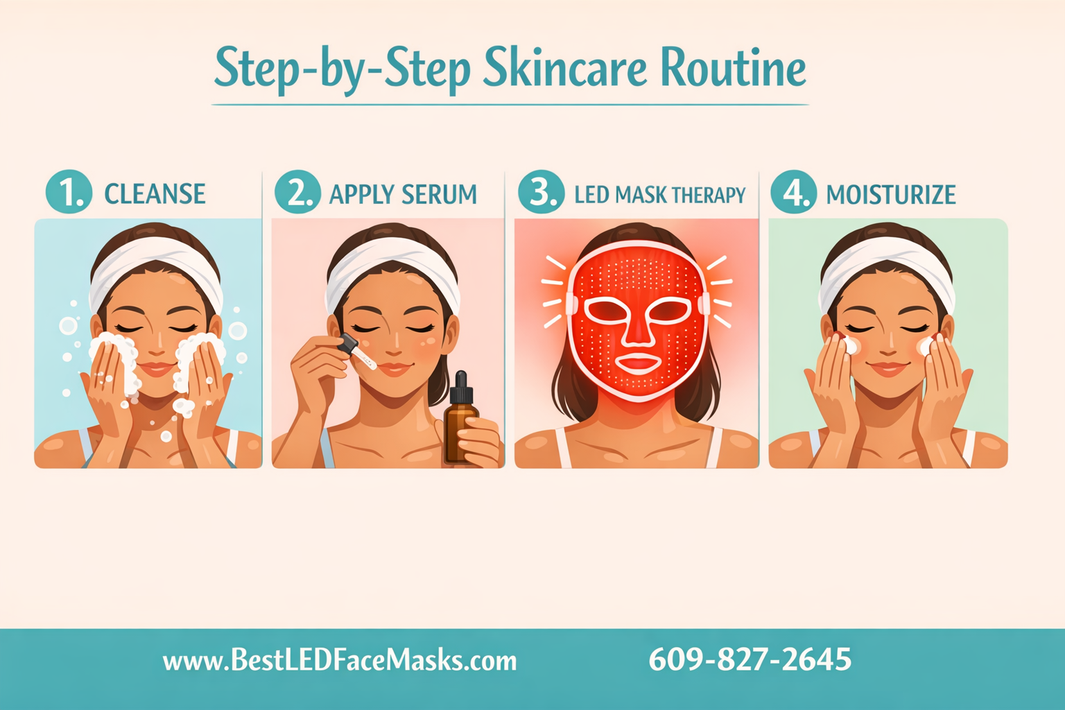 () step-by-step skincare routine infographic showing four sequential panels: 1) woman cleansing face, 2) applying serum, 3)