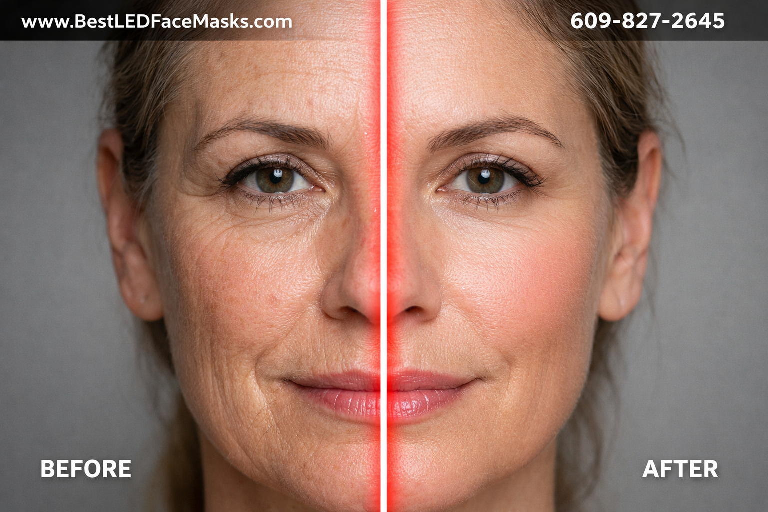 () before-and-after facial comparison showing realistic skin texture improvement — left side shows fine lines, uneven tone,