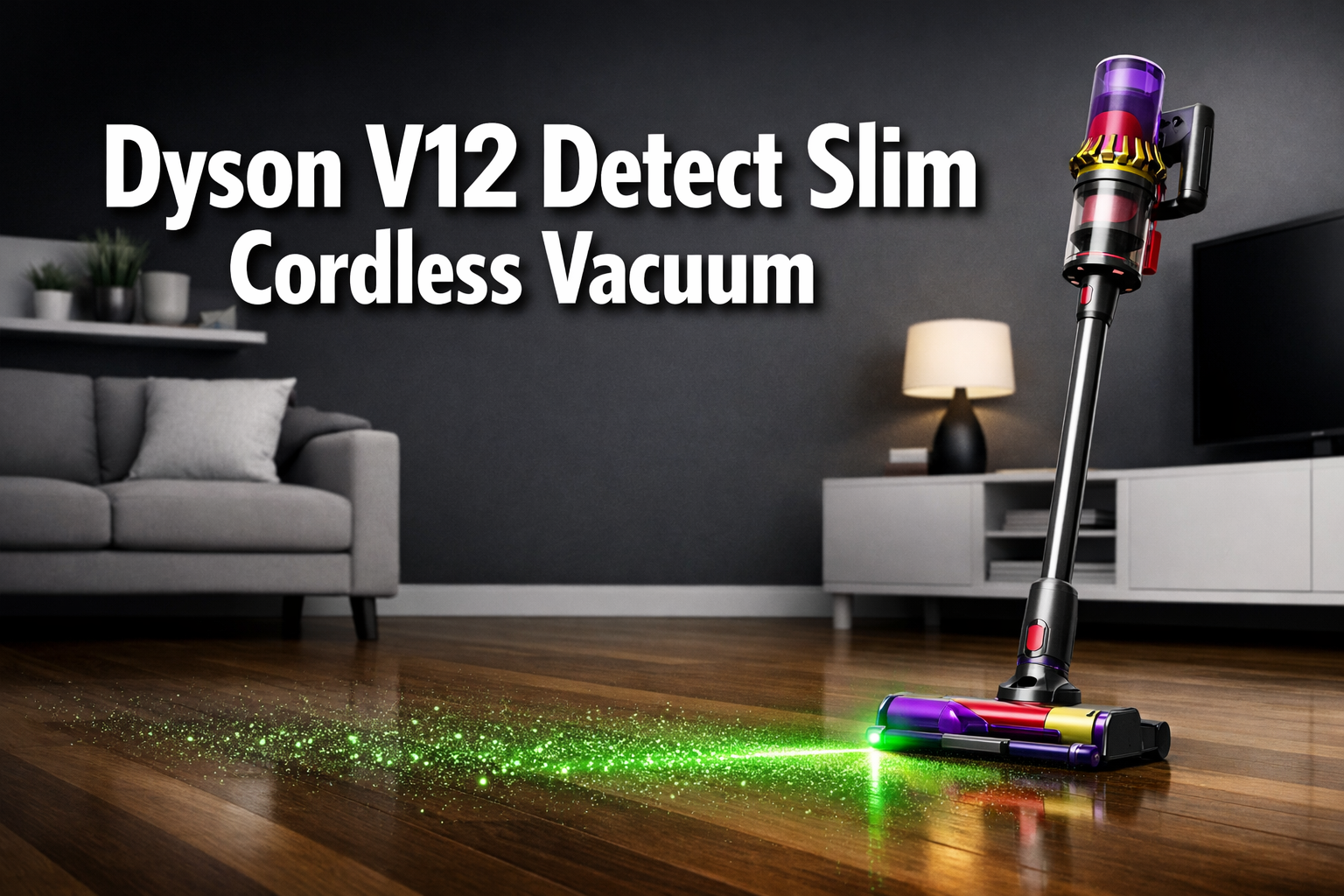 Digital illustration, graphic design style, Professional landscape format (1536x1024) hero image with bold text overlay: 'Dyson V12 Detect Slim Cordless Vacuum' in extra large 72pt white bold sans-serif font with deep shadow effect, centered upper-third composition. Background shows a sleek modern living room with a Dyson V12 Detect Slim cordless vacuum standing upright on polished hardwood floors, green laser beam visibly illuminating dust particles on the floor surface. Color palette: deep charcoal, clean white, Dyson signature purple-magenta accent. Magazine cover aesthetic, editorial quality, high contrast, professional product photography style.