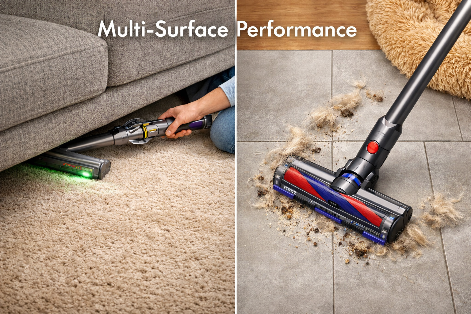 () split-scene comparison image: left half shows a person effortlessly maneuvering the lightweight Dyson V12 Detect Slim