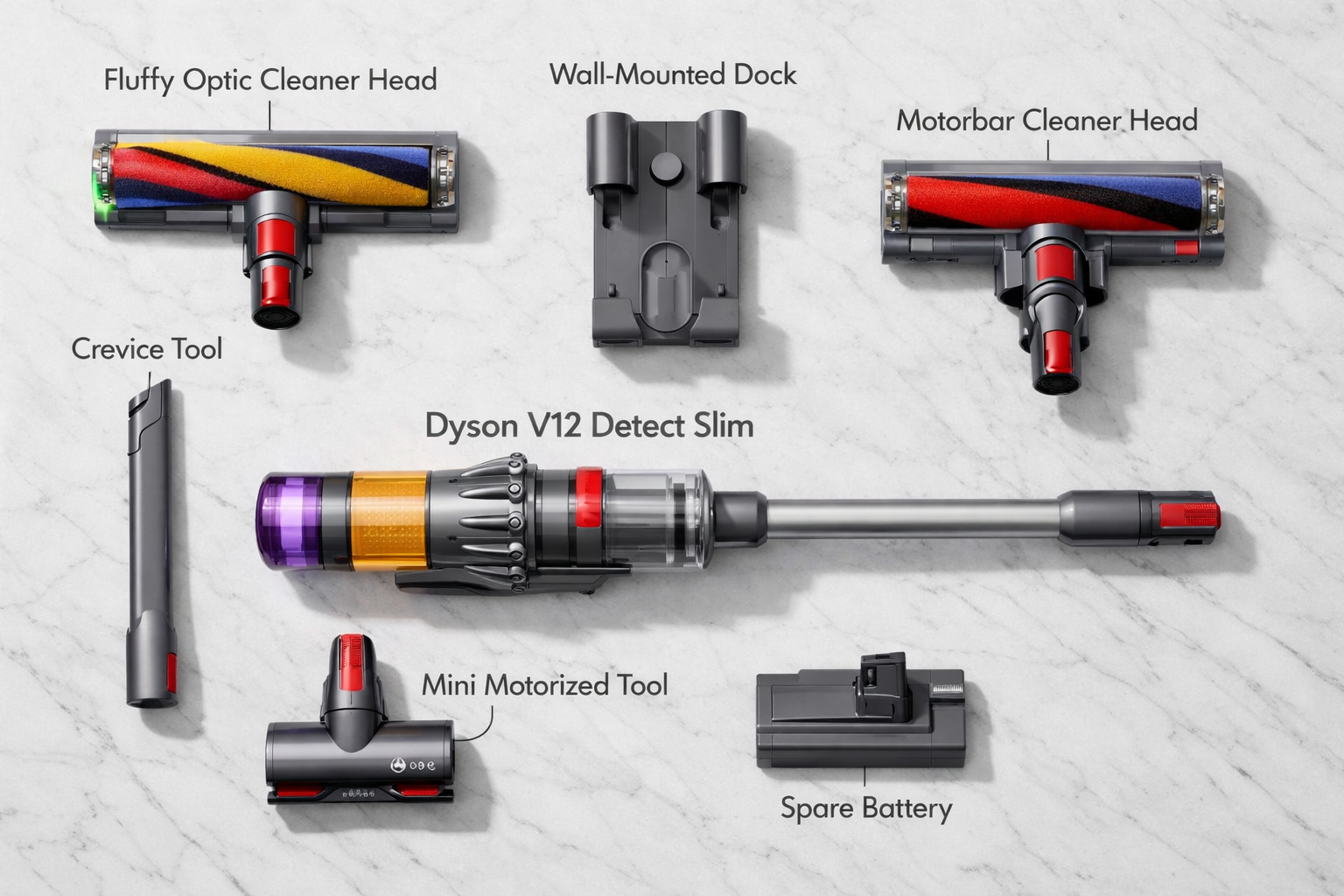 () flat-lay product photography showing the complete Dyson V12 Detect Slim cordless vacuum accessory ecosystem arranged