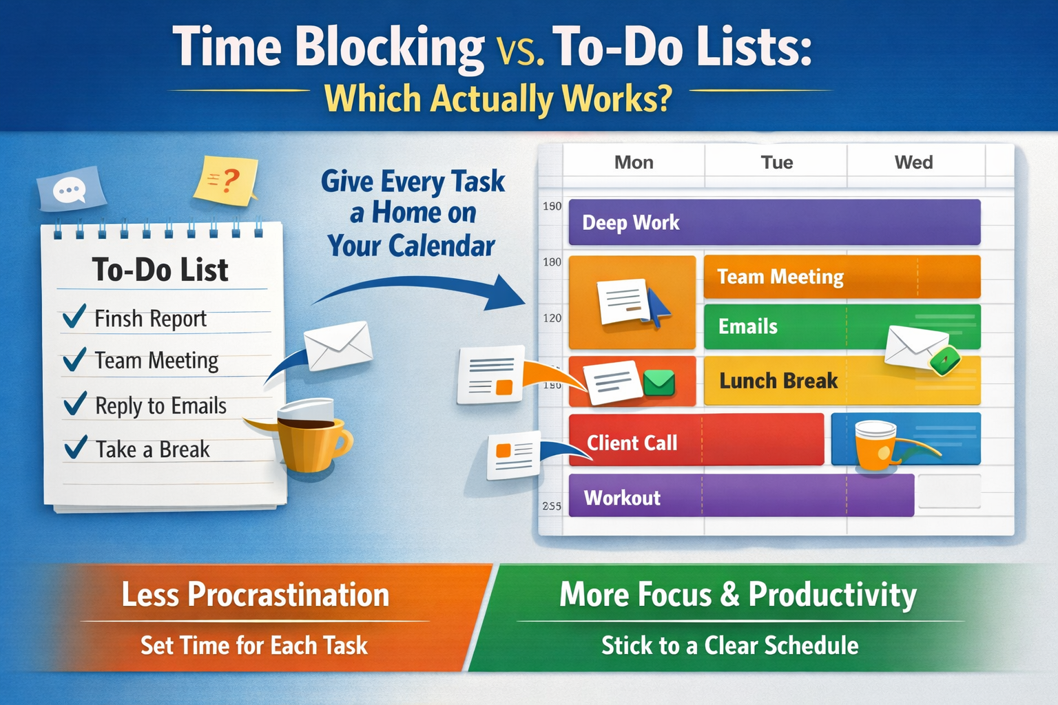 A visually engaging infographic in landscape format (1536x1024) illustrating the concept of 'giving every task a home' on a calendar. The im