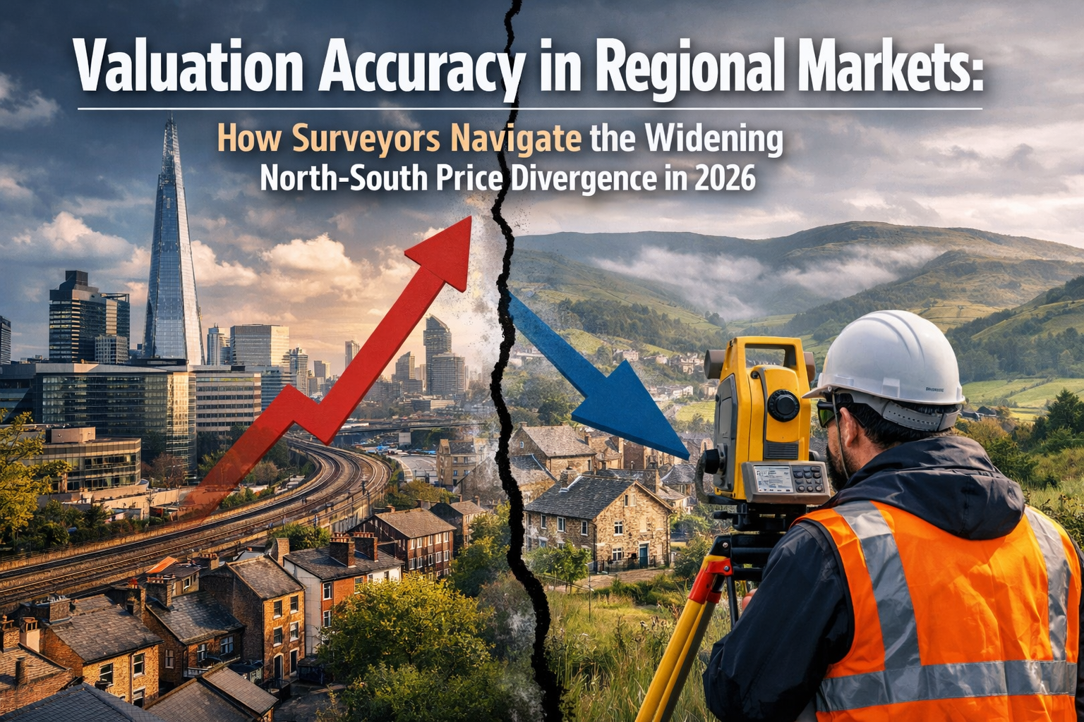 Professional landscape hero image (1536x1024) with bold text overlay: "Valuation Accuracy in Regional Markets: How Surveyors Navigate the Wi