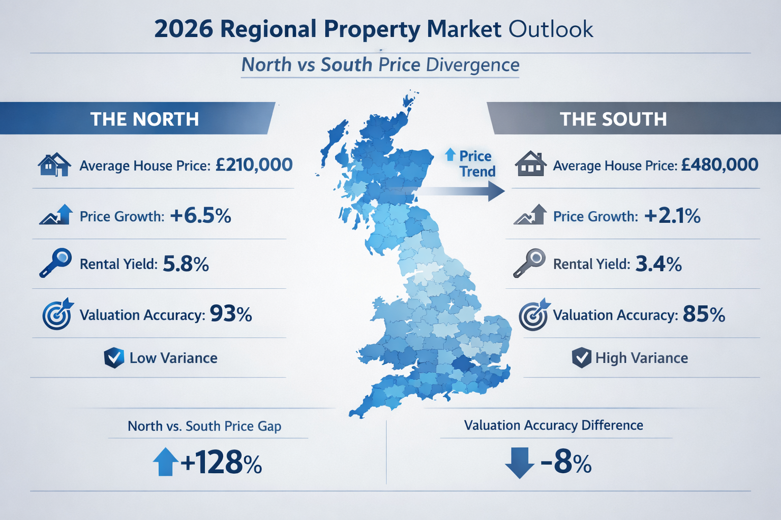 Infographic visualization showing key valuation metrics for 2026 regional property markets, split-screen design highlighting north vs south 