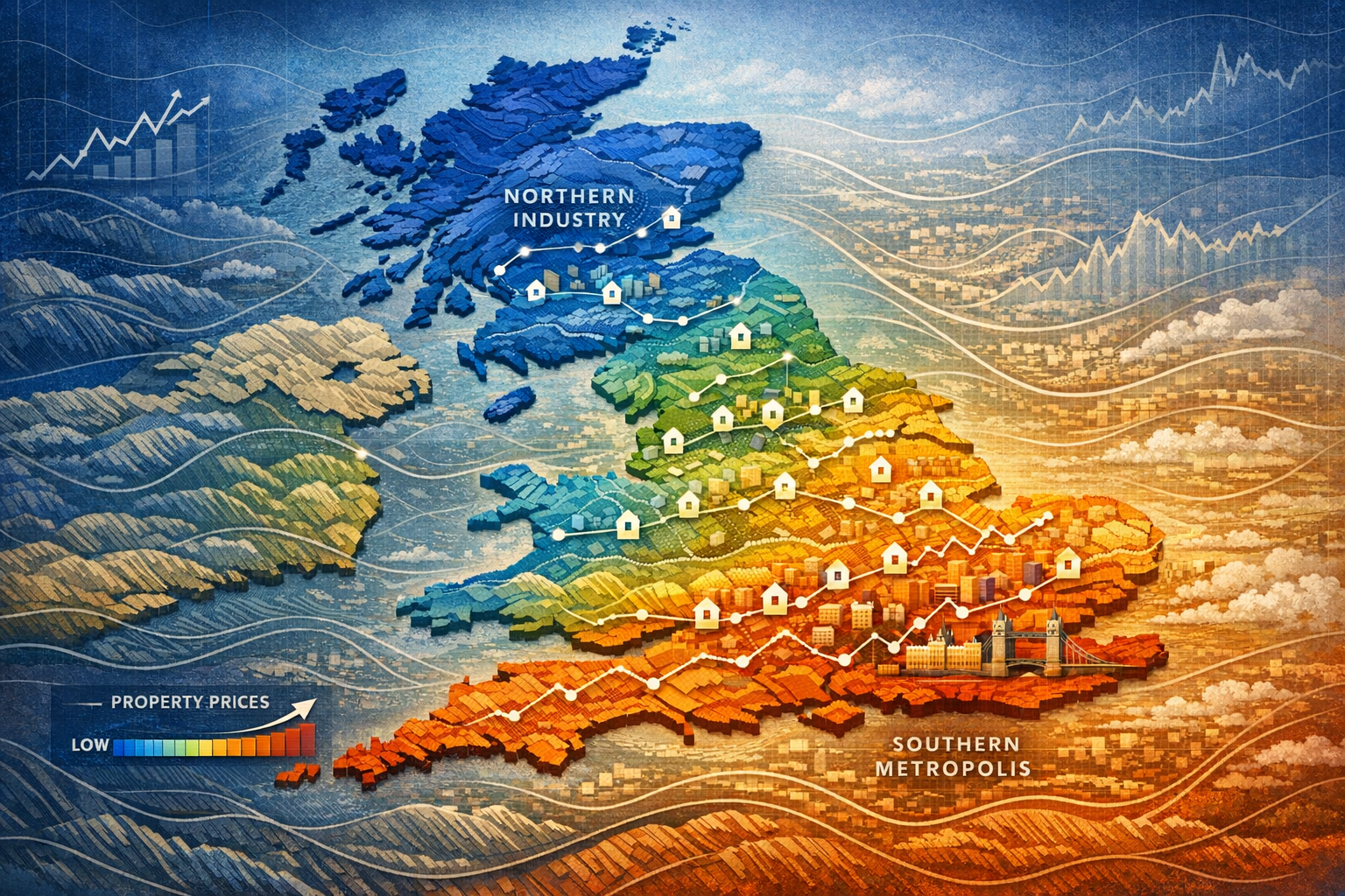 Detailed cartographic illustration of UK regional property markets, with geographical heat map showing price gradient from northern industri