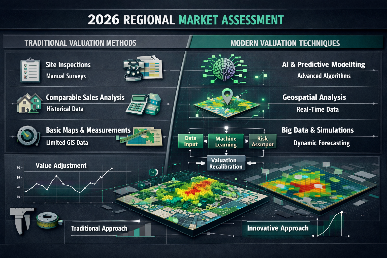 Technical surveyor's analytical dashboard visualizing 2026 regional market assessment methodologies, split-screen design showing traditional