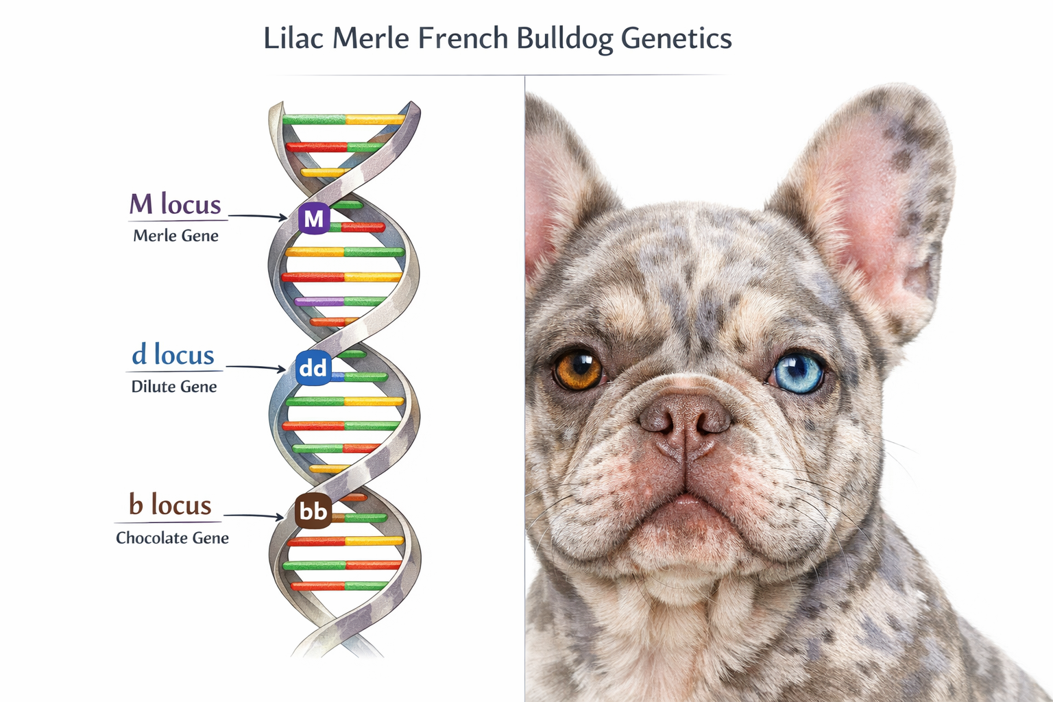Close-up portrait of a lilac merle French Bulldog showing detailed coat genetics visualization β split-panel illustration
