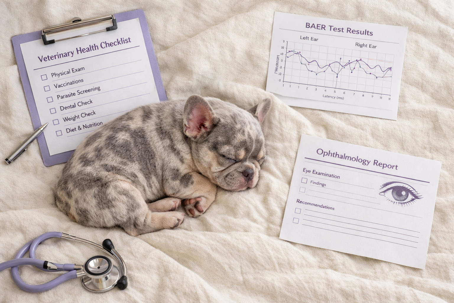 Overhead flat-lay lifestyle scene of a lilac merle French Bulldog puppy resting on a cream linen blanket surrounded by a