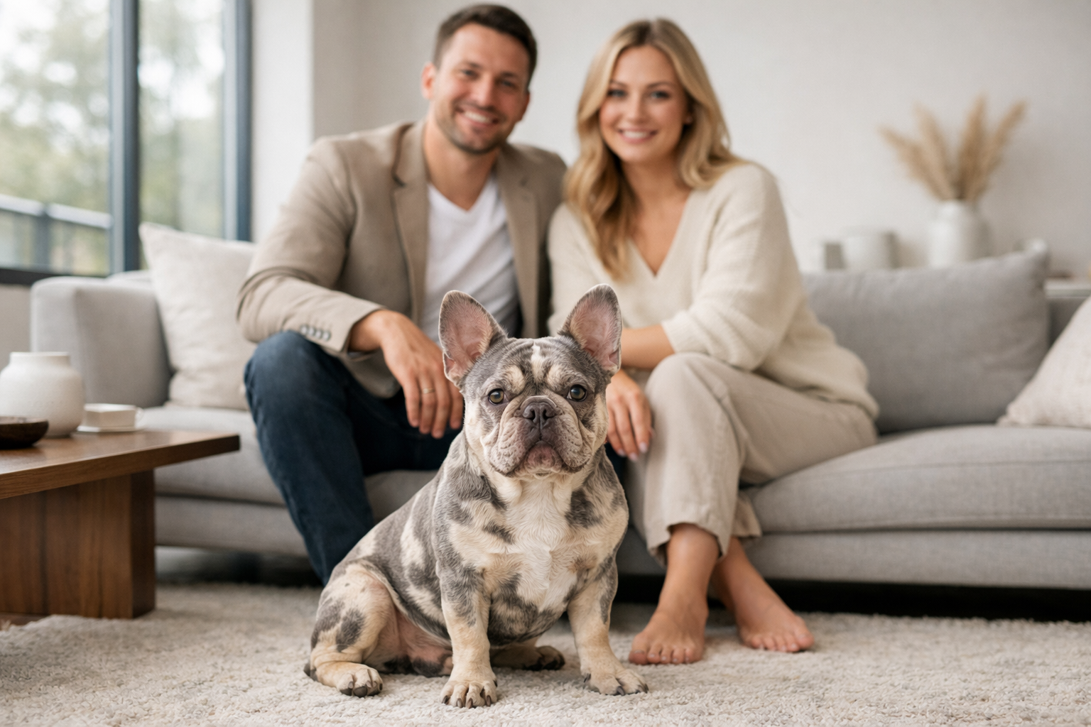 Wide-angle lifestyle photograph of a lilac merle French Bulldog sitting beside a well-dressed couple in a modern minimalist