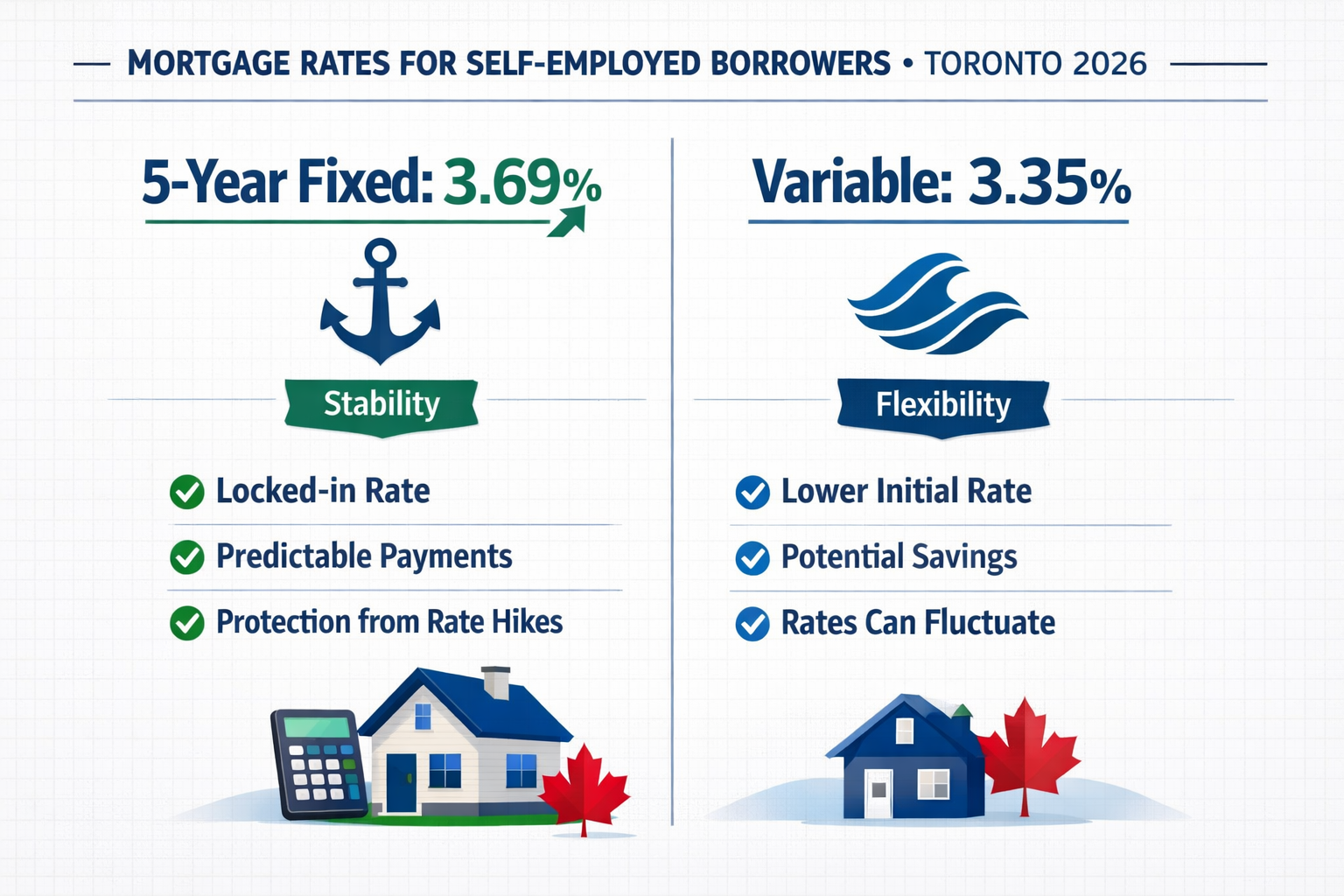 Detailed landscape format (1536x1024) infographic-style image showing side-by-side comparison chart of fixed versus variable mortgage rates