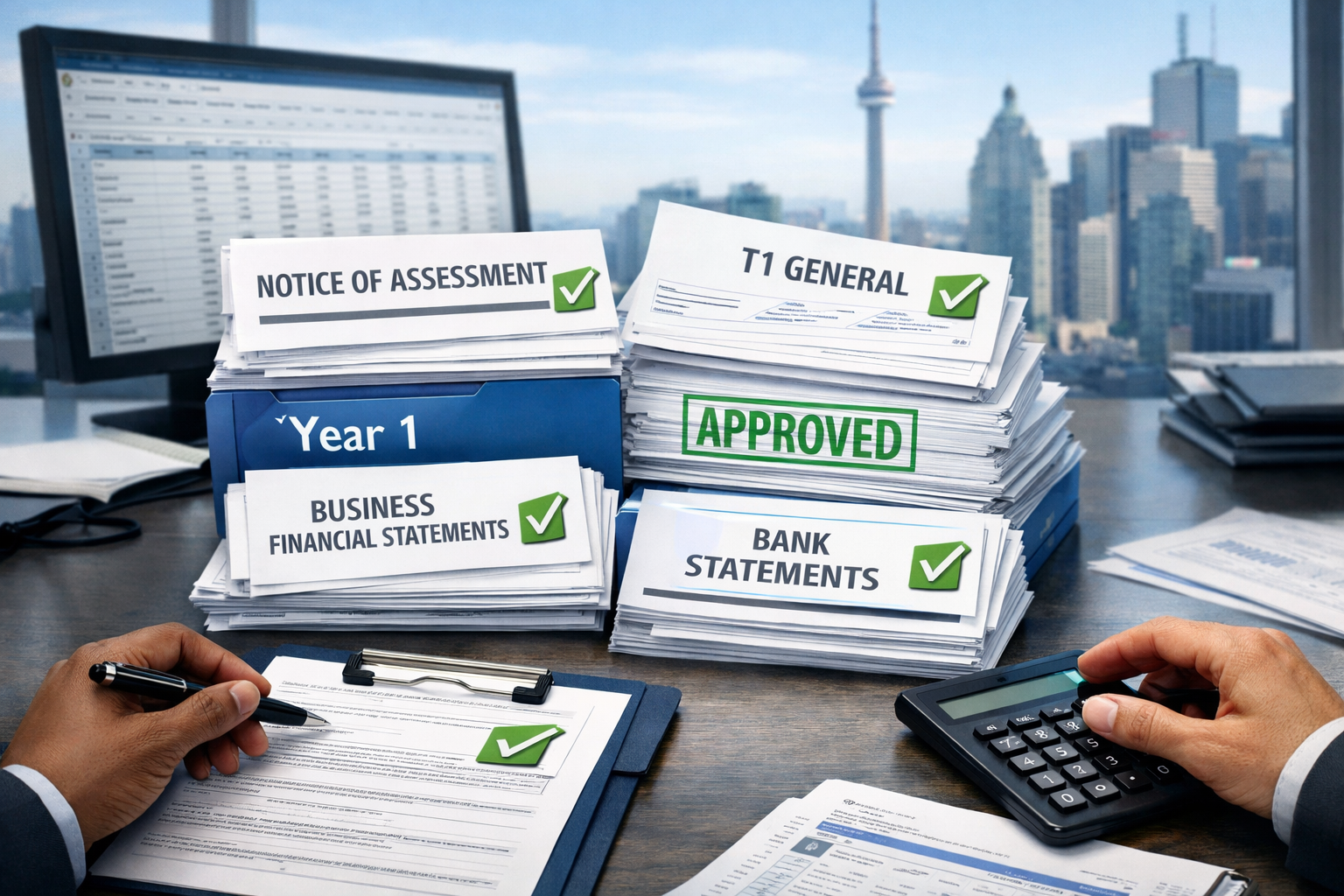 Detailed landscape format (1536x1024) conceptual image depicting the self-employed mortgage documentation process in Toronto. Center shows o