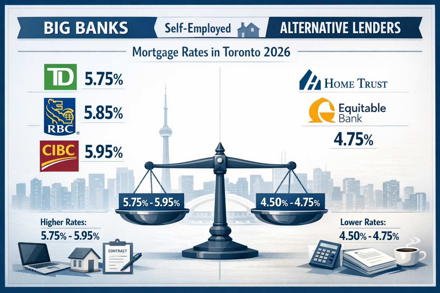 Split-screen editorial infographic comparing Big Banks vs Alternative Lenders for self-employed mortgage rates in Toronto for 2026. Left sid
