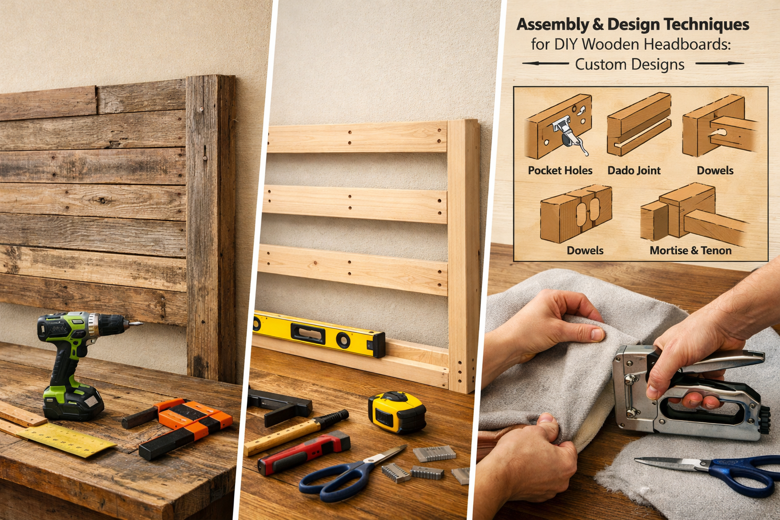 Landscape format (1536x1024) image showcasing a progression of DIY wooden headboard assembly. On the left, a partially constructed rustic re
