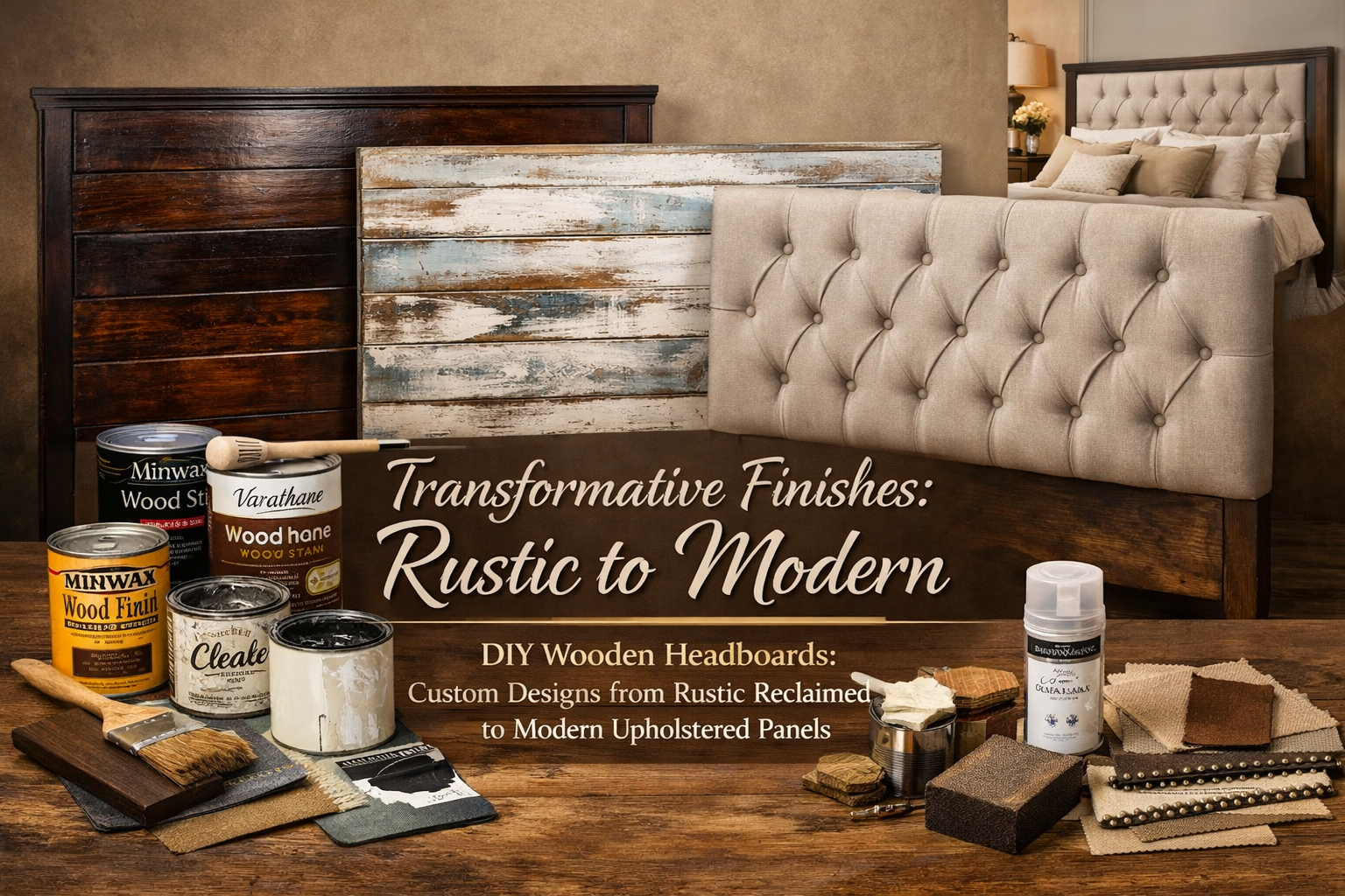 Landscape format (1536x1024) image displaying three finished DIY wooden headboards: one with a rich, dark stain and a high-gloss finish, ano