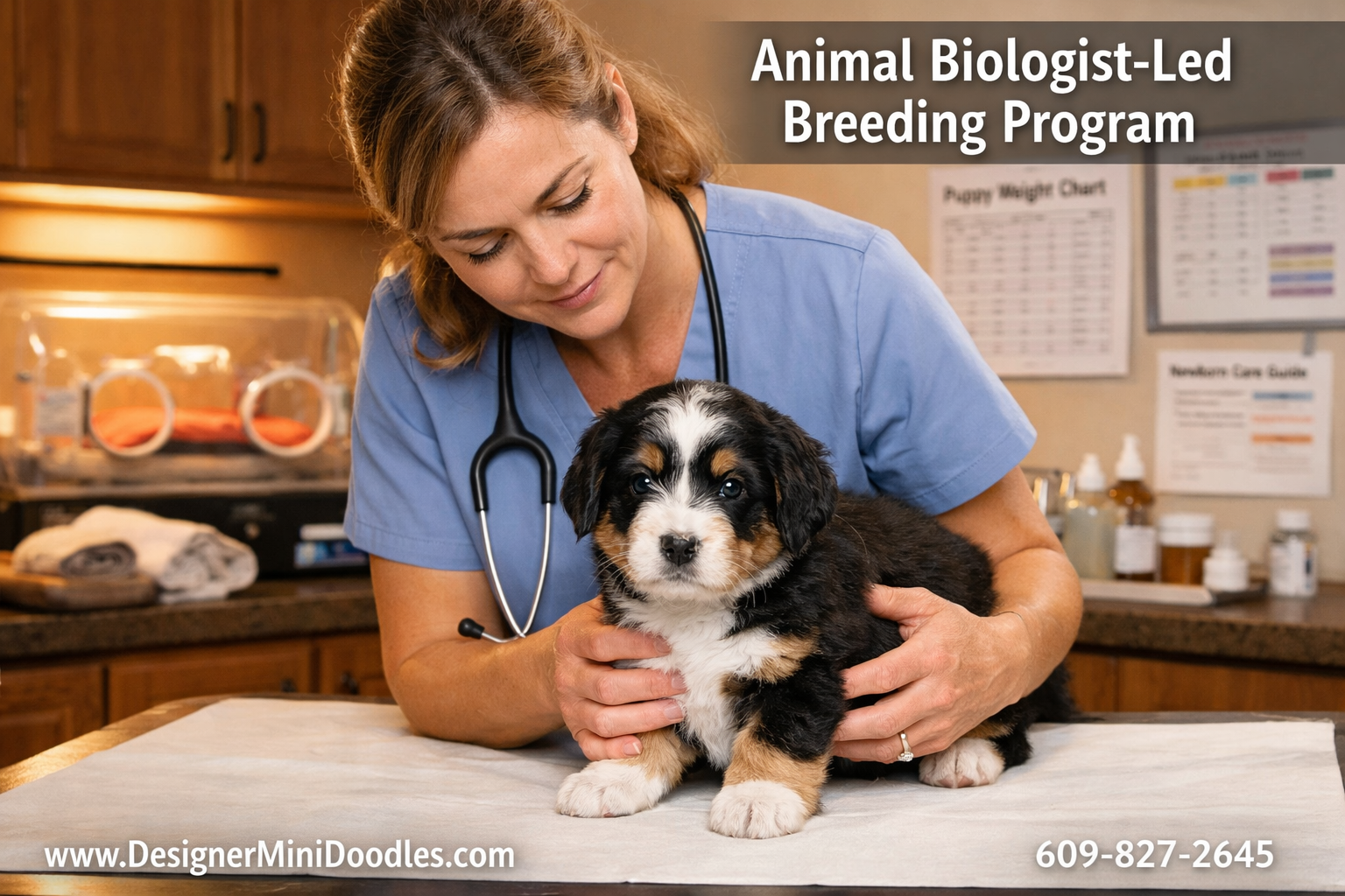 () professional photograph of a veterinary or animal biology setting showing a breeder carefully examining a tricolor