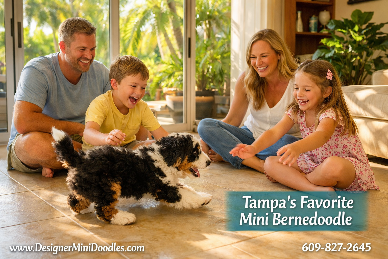 () warm photograph of a happy family in a Tampa Florida style home with tile floors and tropical plants visible through