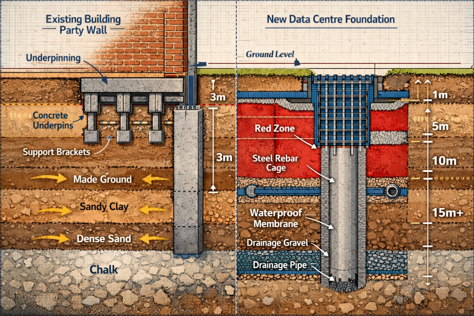 Detailed () image showing close-up technical illustration of data centre foundation excavation cross-section adjacent to