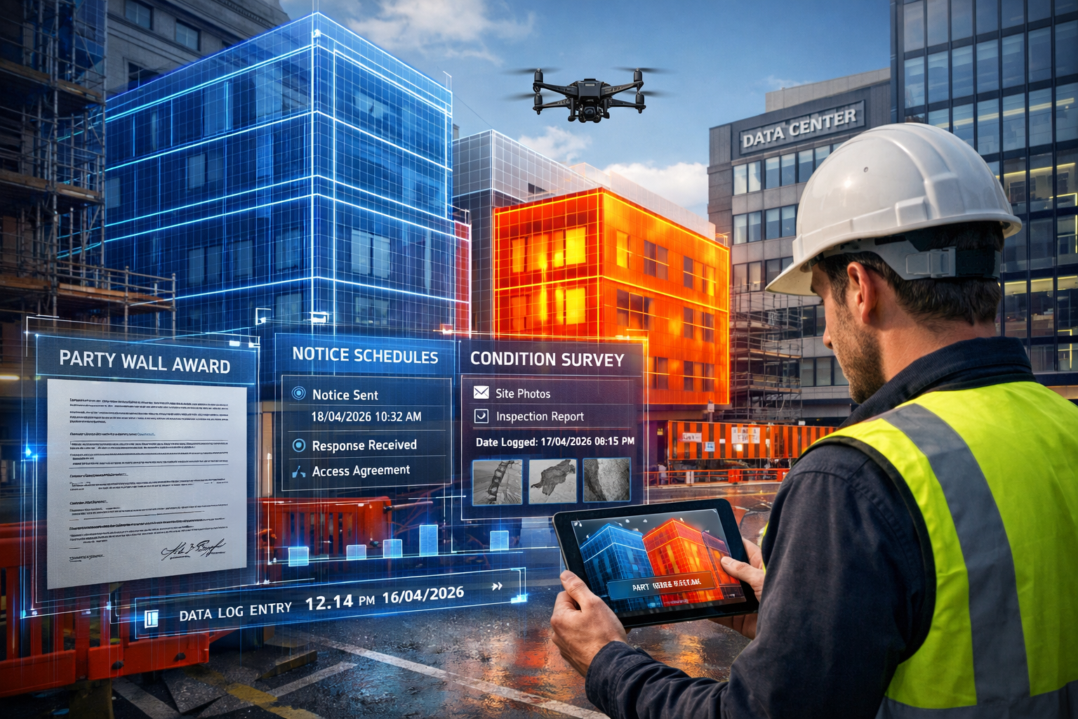Detailed () image depicting modern digital party wall documentation workflow for data centre projects. Scene shows