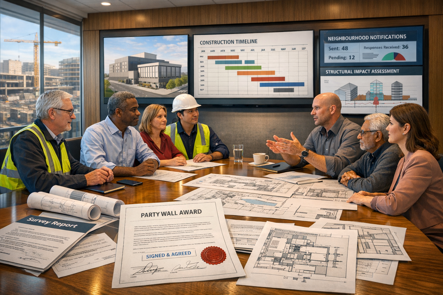 Detailed () image showing community stakeholder engagement meeting for data centre party wall project. Professional