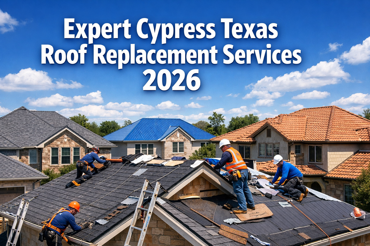 Professional landscape hero image (1536x1024) featuring bold text overlay 'Expert Cypress Texas Roof Replacement Services 2026' in large 70p