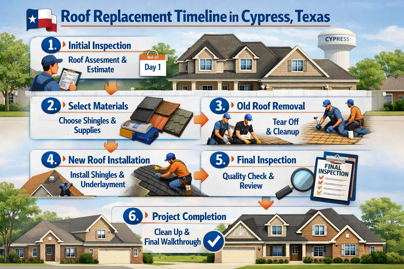 Detailed infographic showing roof replacement timeline in Cypress Texas, featuring step-by-step process from initial inspection to completio