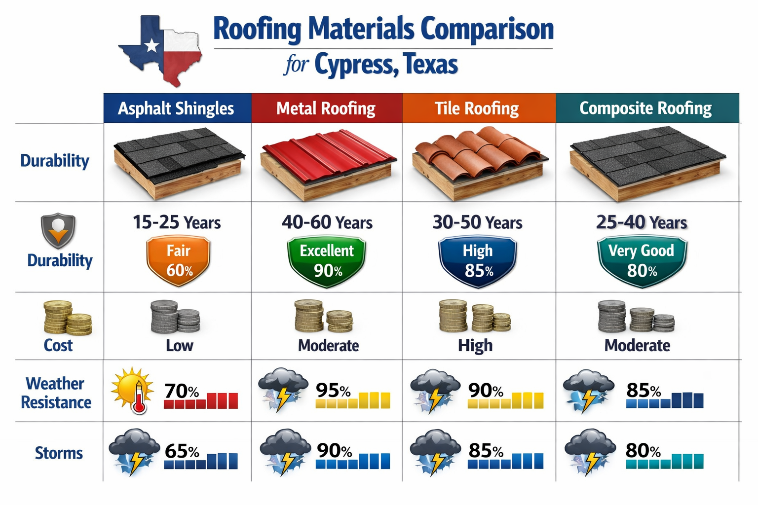 Comprehensive visual comparison chart of roofing materials popular in Cypress Texas climate, showing asphalt shingles, metal roofing, tile, 