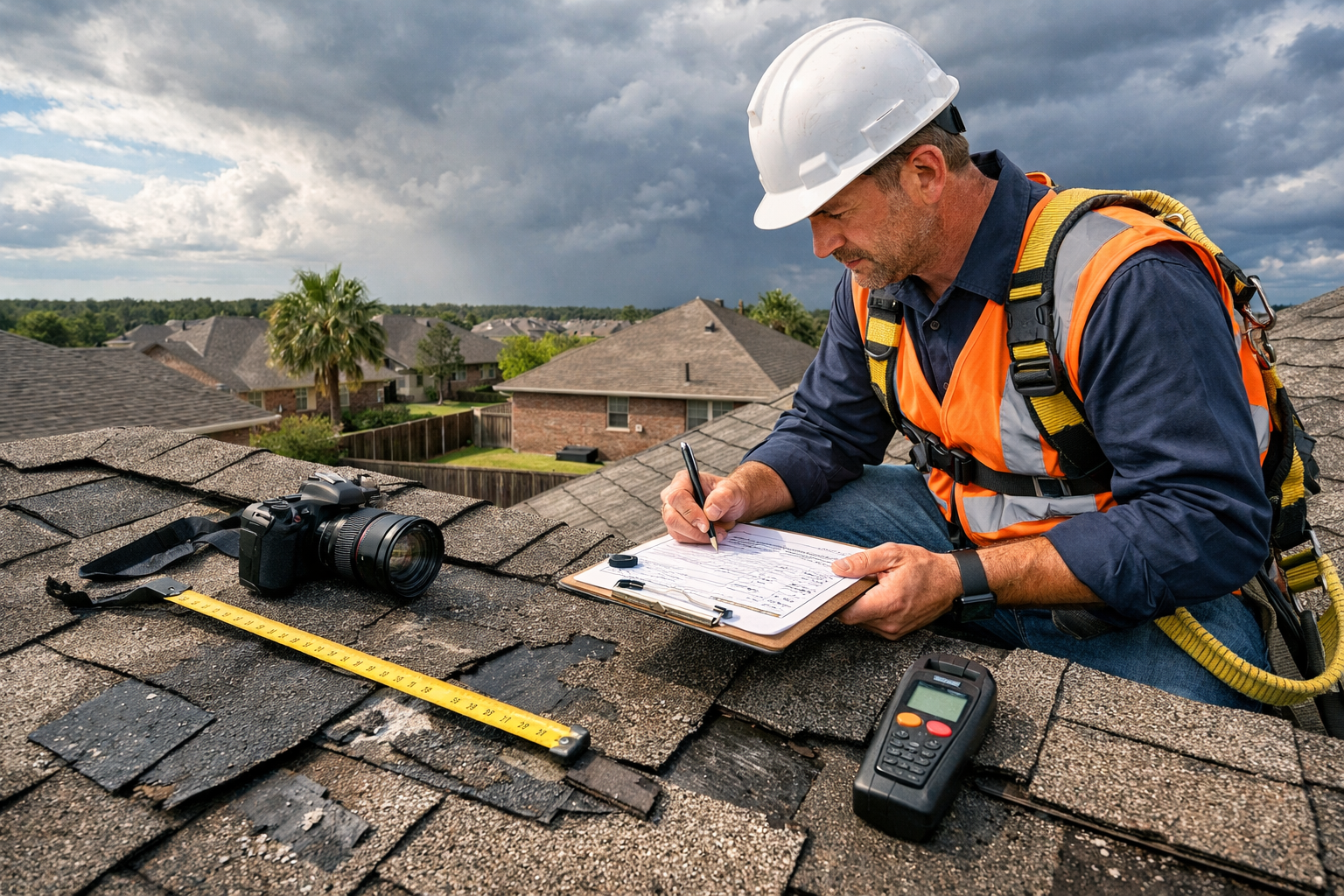 Professional storm damage assessment scene in Cypress Texas showing experienced roofer conducting detailed inspection on residential home af
