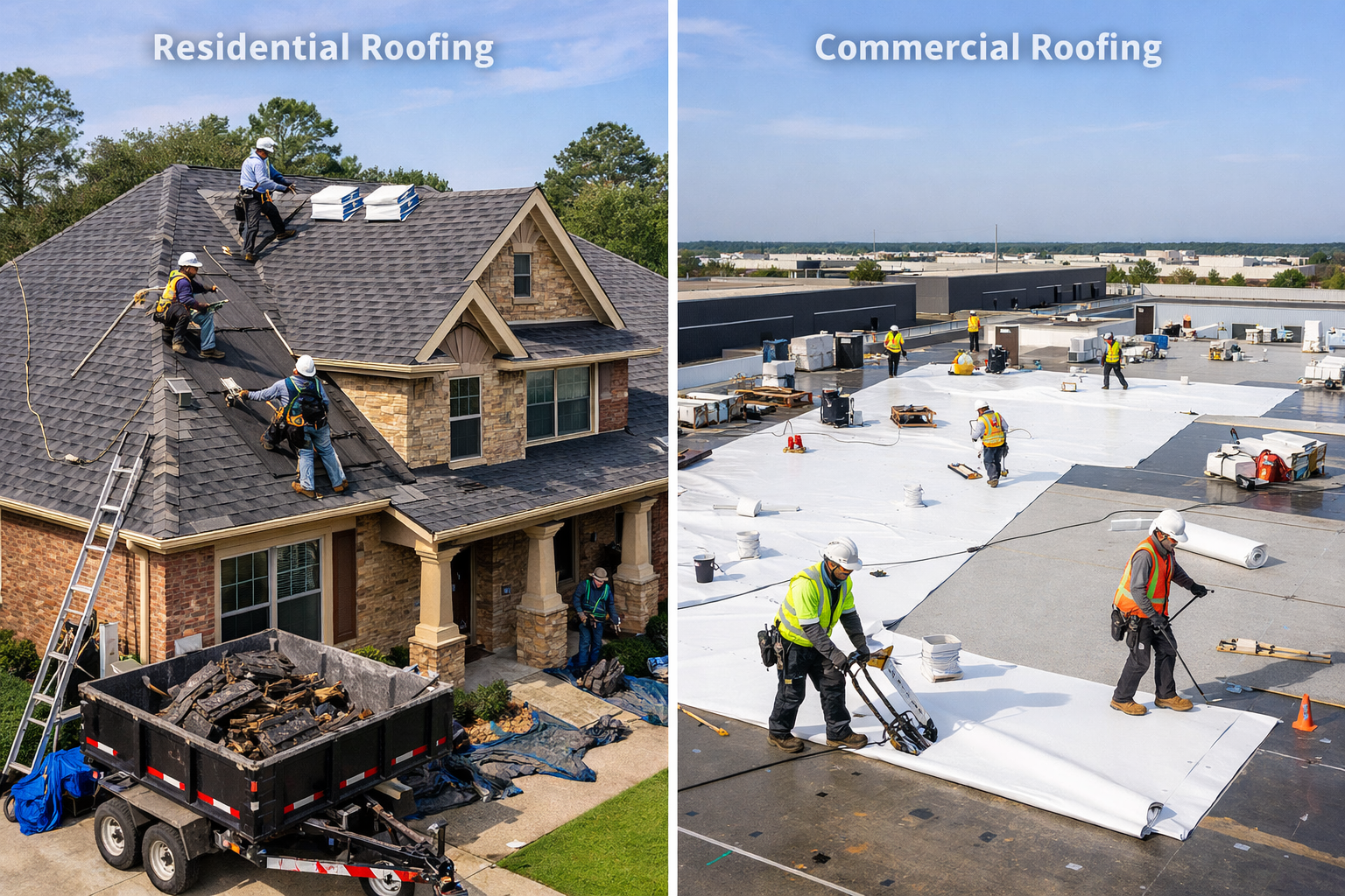 Split-screen comparison showing residential and commercial roofing projects in Cypress Texas area. Left side displays beautiful suburban hom