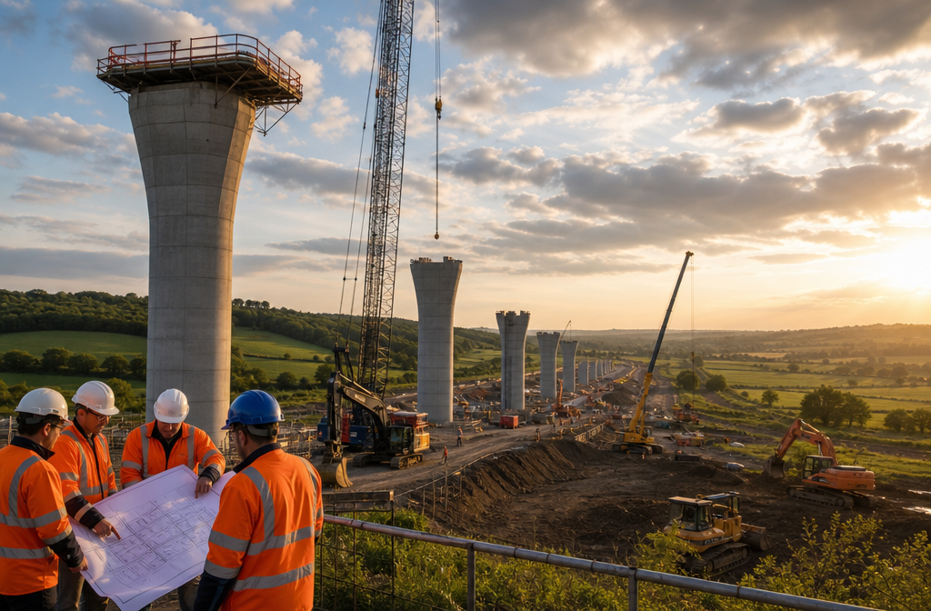 Wide-angle ground-level photograph of HS2 construction activity in Staffordshire countryside, showing concrete viaduct