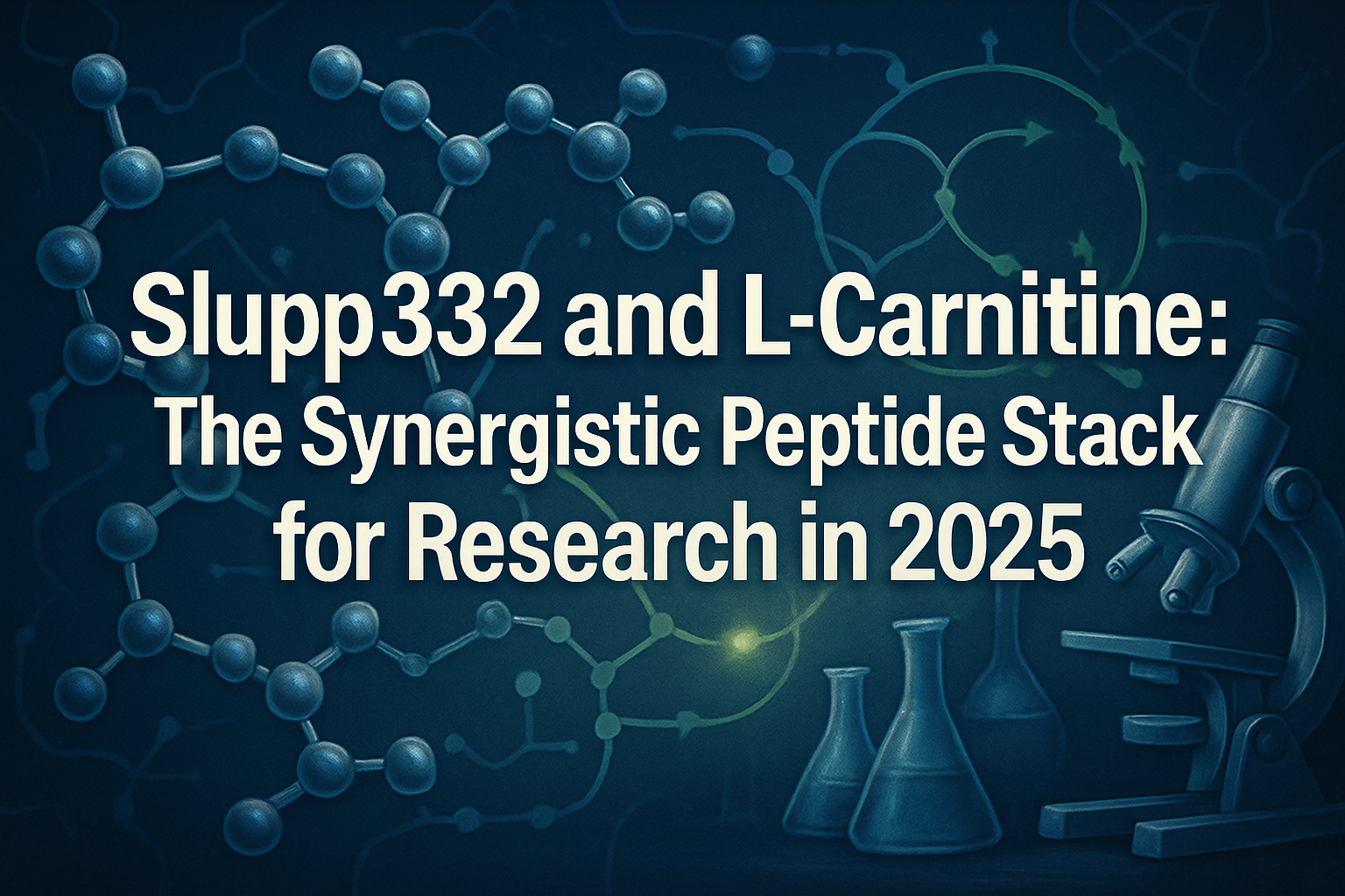Professional landscape hero image (1536x1024) with bold text overlay: 'Slupp332 and L-Carnitine: The Synergistic Peptide Stack for Research 