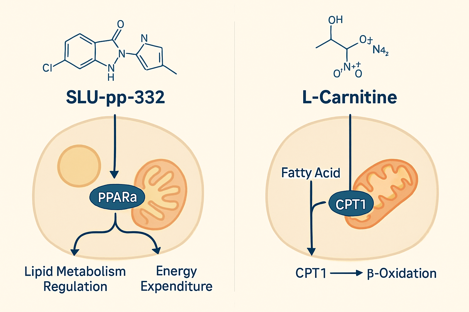 A detailed infographic (1536x1024) illustrating the individual mechanisms of action for SLU-pp-332 and L-carnitine, showing their respective