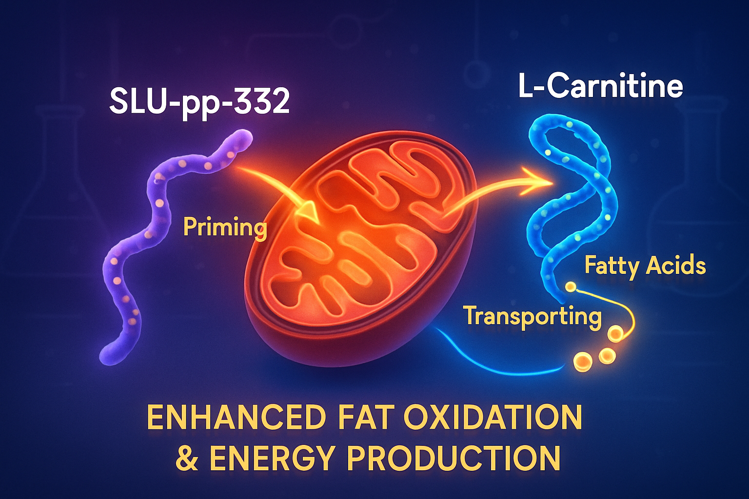 A visually engaging concept illustration (1536x1024) depicting the synergistic interaction between SLU-pp-332 and L-carnitine. Show a styliz