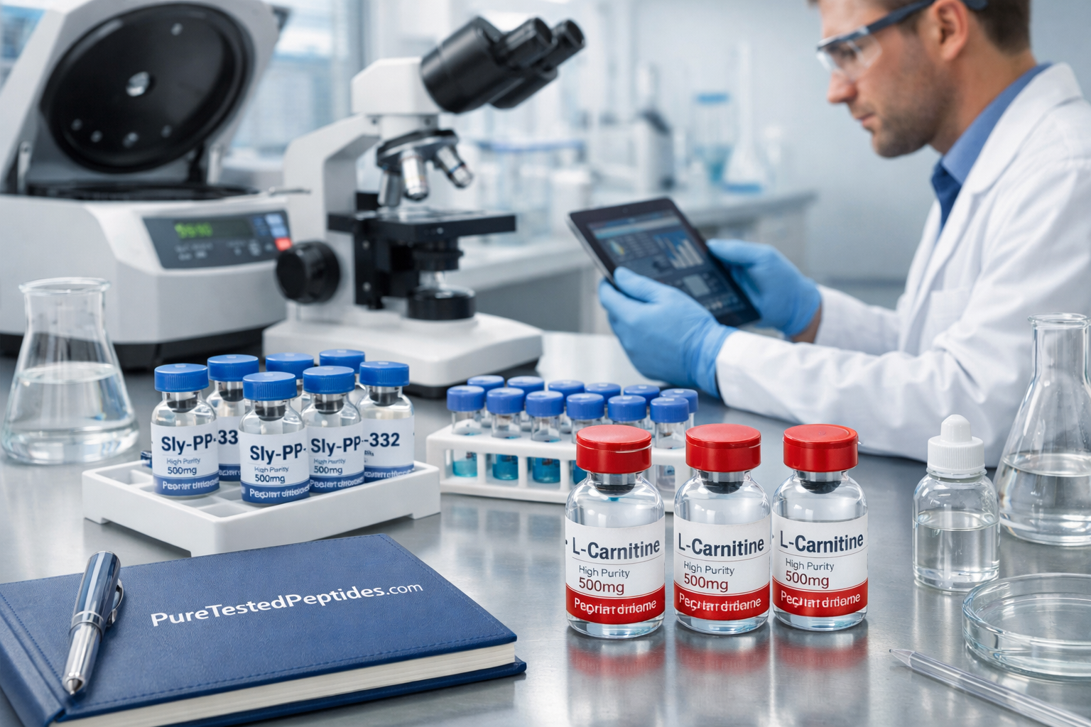 A clean, professional laboratory setting (1536x1024) with various peptide vials, scientific instruments like centrifuges or microscopes, and