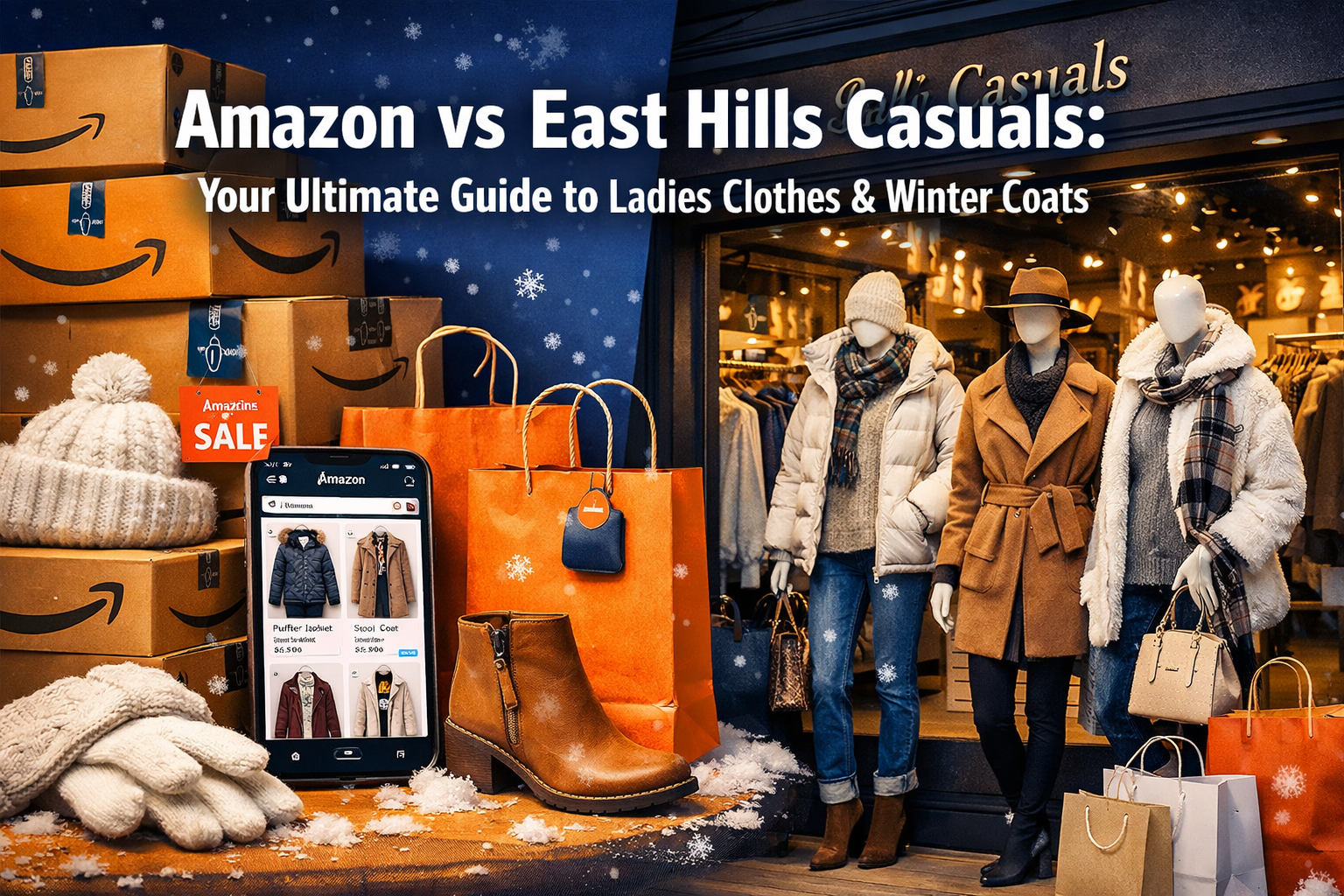Professional landscape hero image (1536x1024) featuring bold text overlay 'Amazon vs East Hills Casuals: Your Ultimate Guide to Ladies Cloth
