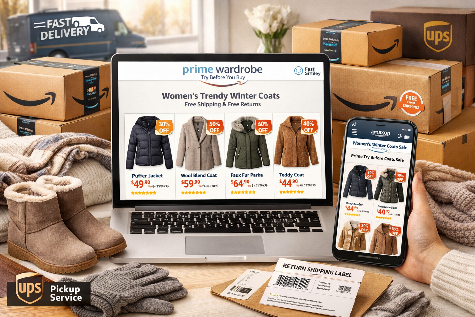 Detailed landscape editorial image (1536x1024) showing Amazon Prime Shopping interface on laptop and smartphone screens displaying women's t