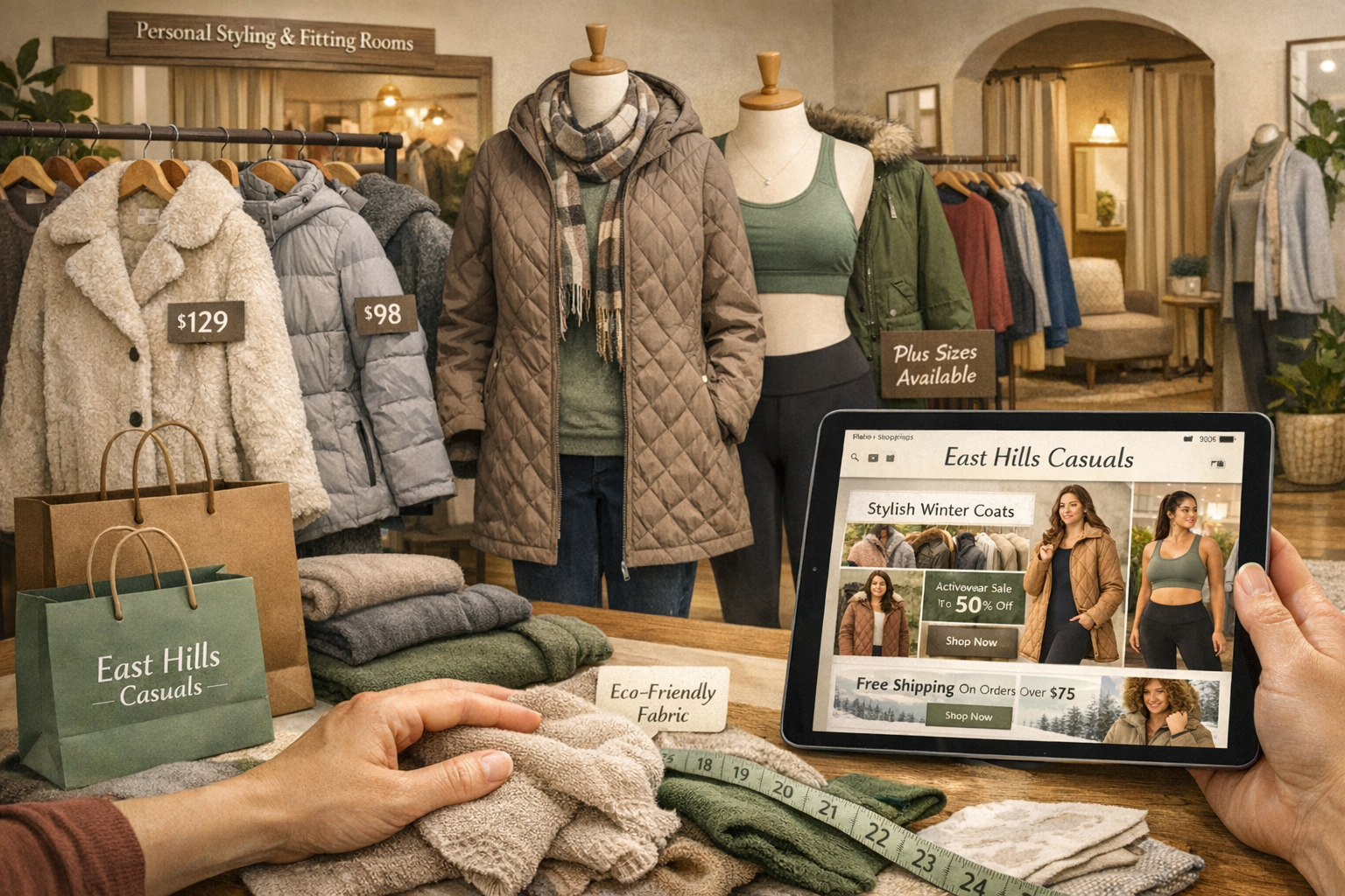 Detailed landscape editorial image (1536x1024) showcasing East Hills Casuals brand experience with physical boutique storefront and online s