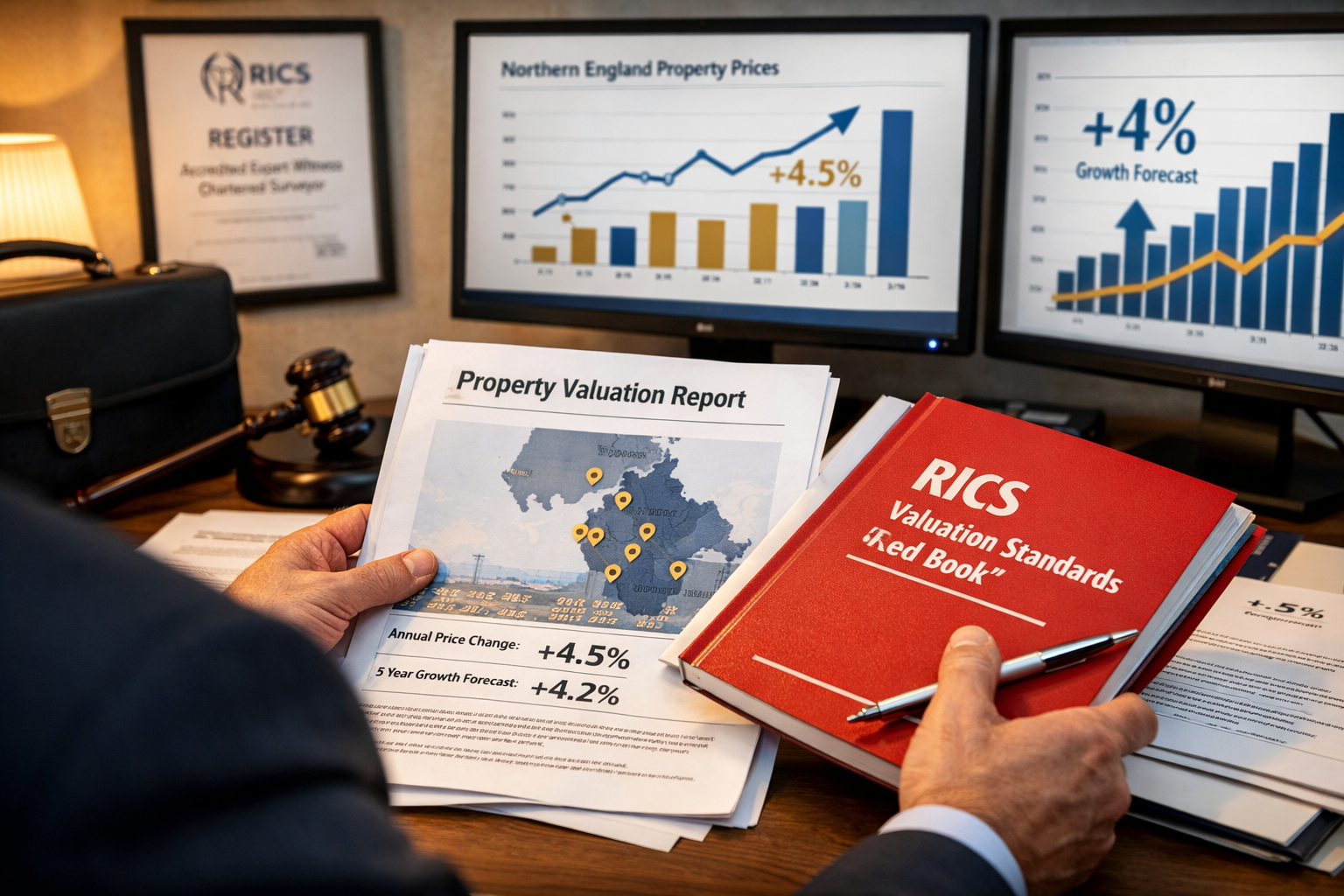 () editorial image showing close-up of RICS accredited expert witness chartered surveyor in professional attire reviewing