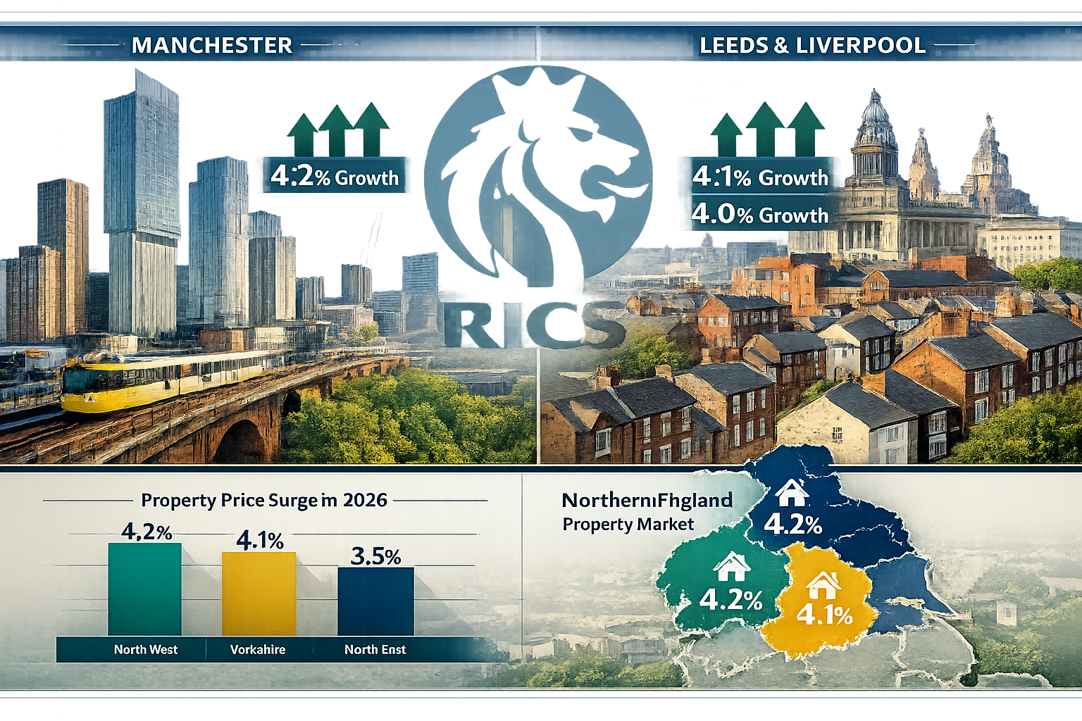 () detailed infographic-style image displaying split-screen comparison of Northern England property market regions: left