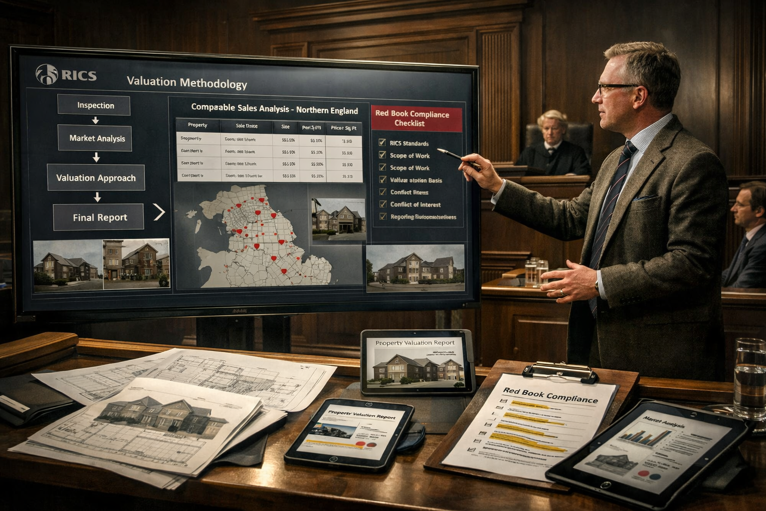 () conceptual courtroom scene illustration showing expert witness stand in foreground with RICS-accredited surveyor