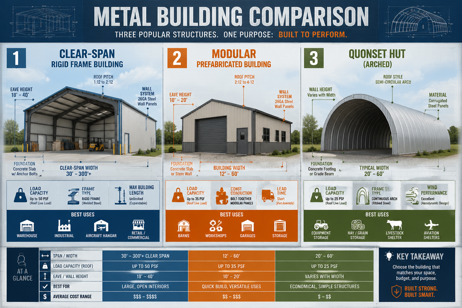 Detailed () educational infographic-style illustration showing a side-by-side comparison of three metal building types: