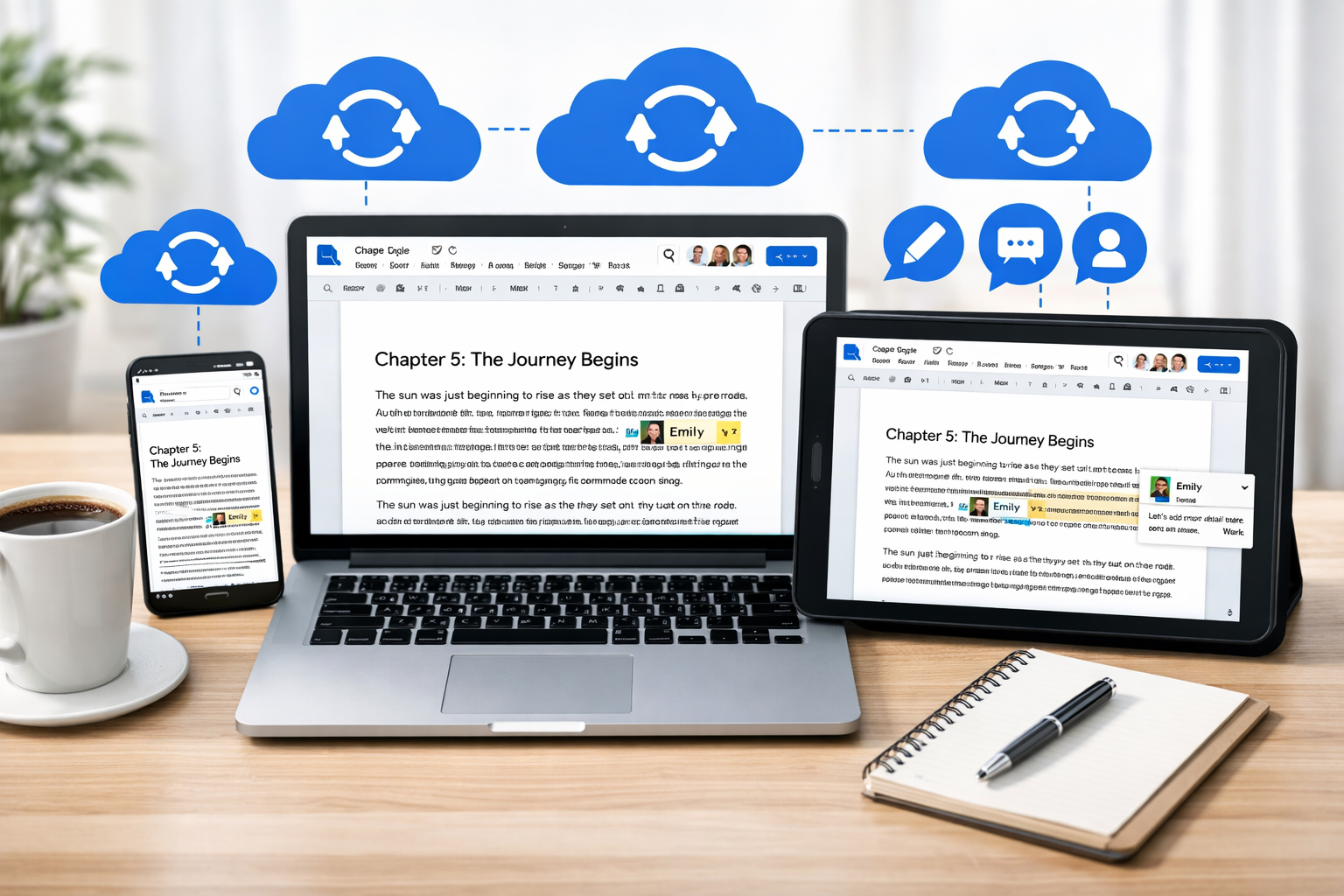 () image showing Google Docs interface on multiple devices - laptop, tablet, smartphone - displaying the same book