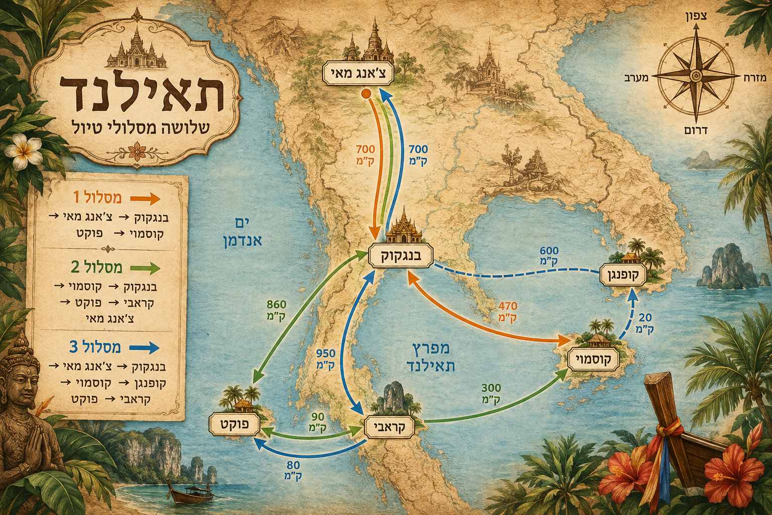 () detailed route map illustration of Thailand showing three distinct color-coded travel routes as curved arrows connecting
