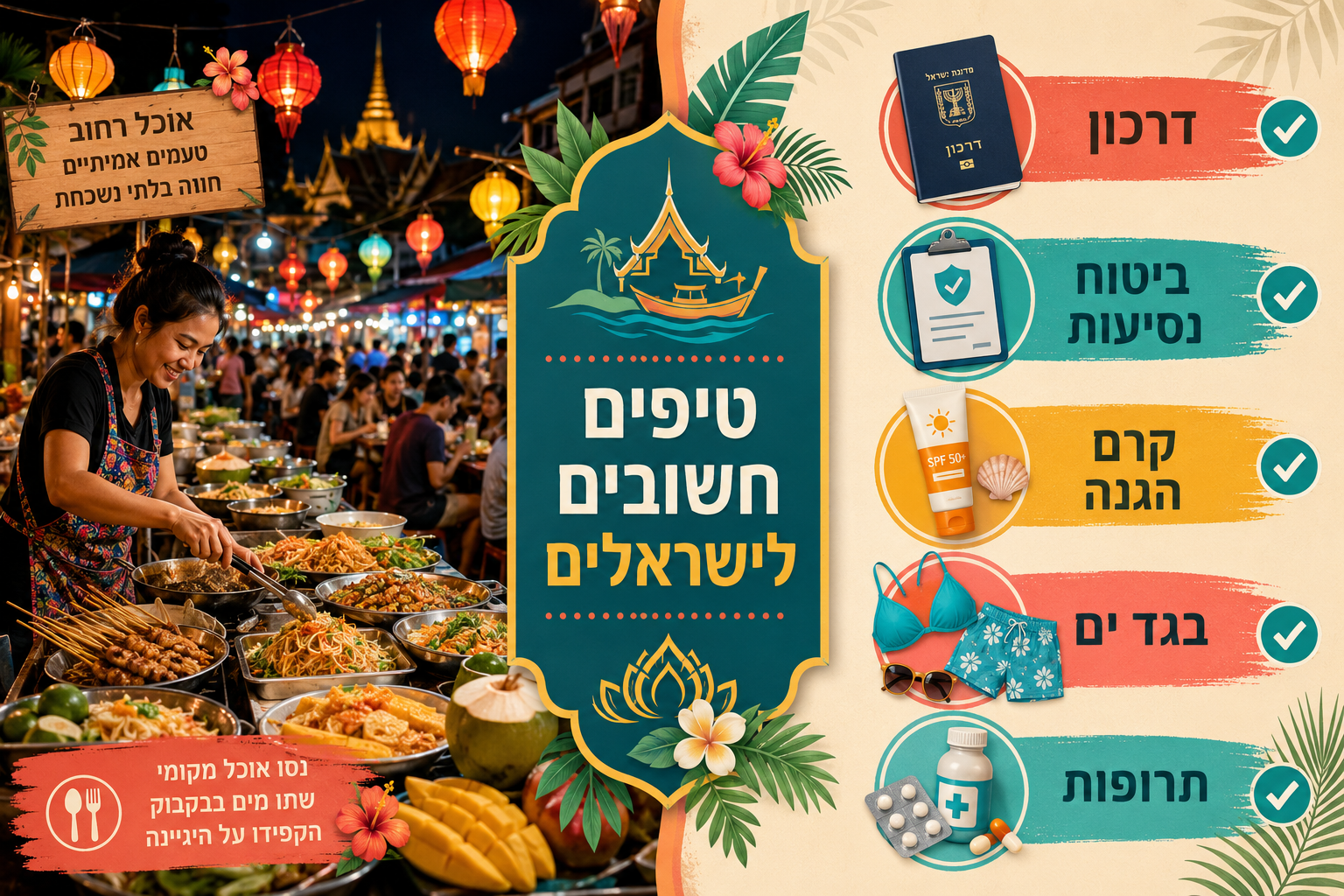 () split-panel practical travel tips infographic for Israel travelers visiting Thailand. Left panel shows Thai street food