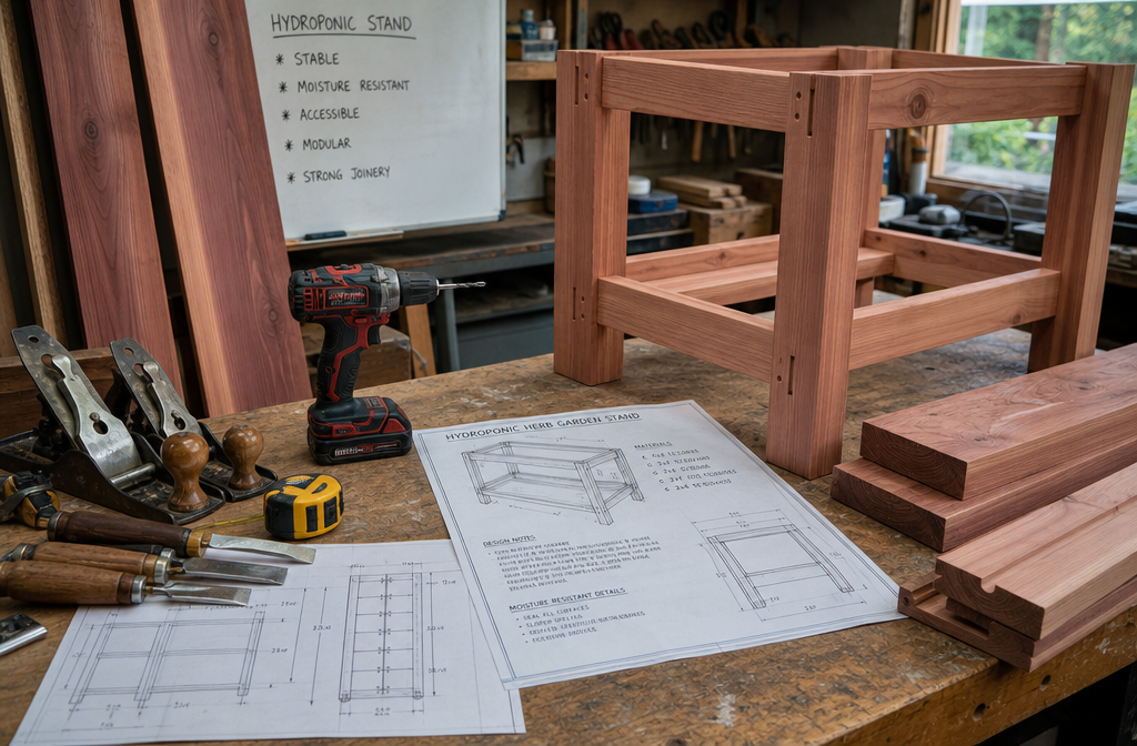 A detailed, eye-level shot of a carpenter's workbench in a well-lit workshop, showcasing various woodworking tools (hand
